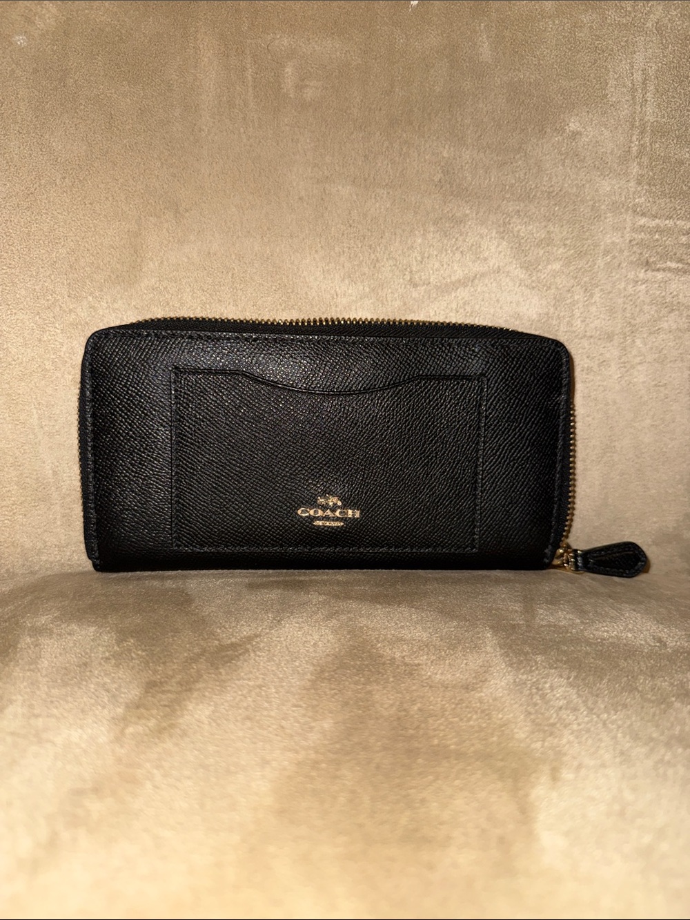 Coach Black Saffiano Zip Wallet with Gold Hardware